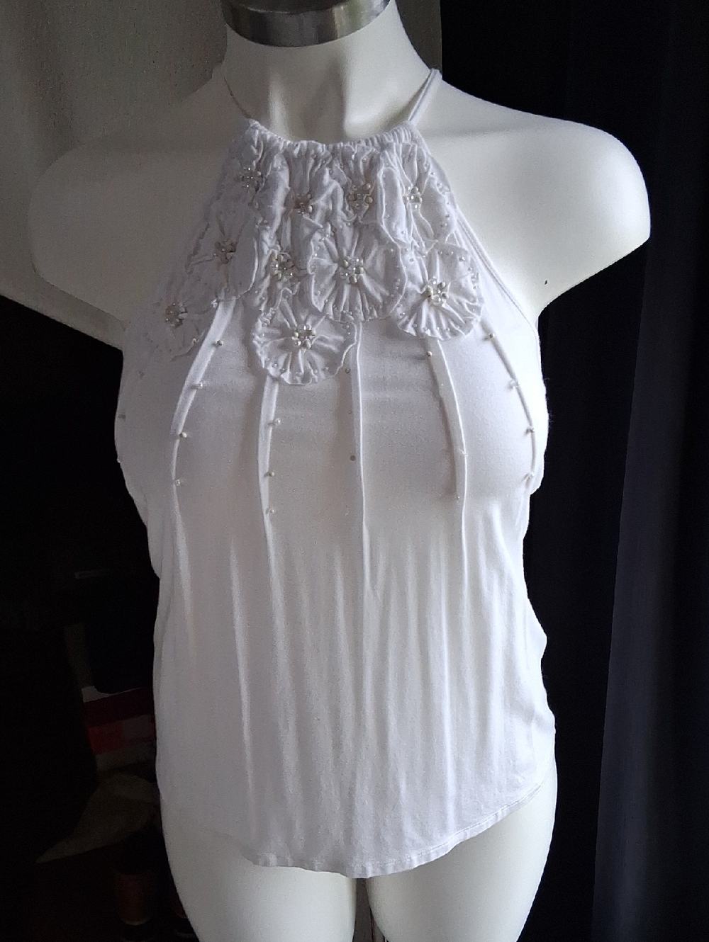 INC International Concepts White Halter Camisole with Floral Appliqué